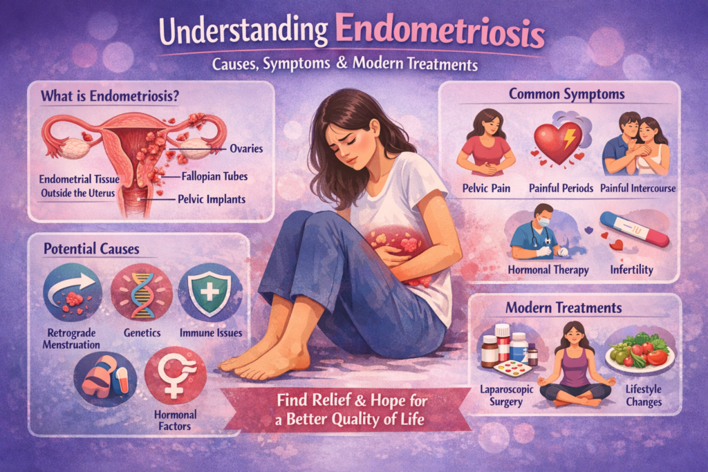 Endometriosis: An Essential Guide to Symptoms, Causes, and Clear Treatments 2 Infographic explaining endometriosis, showing causes, common symptoms like pelvic pain and painful periods, and modern treatments including hormonal therapy, laparoscopic surgery, and lifestyle changes.